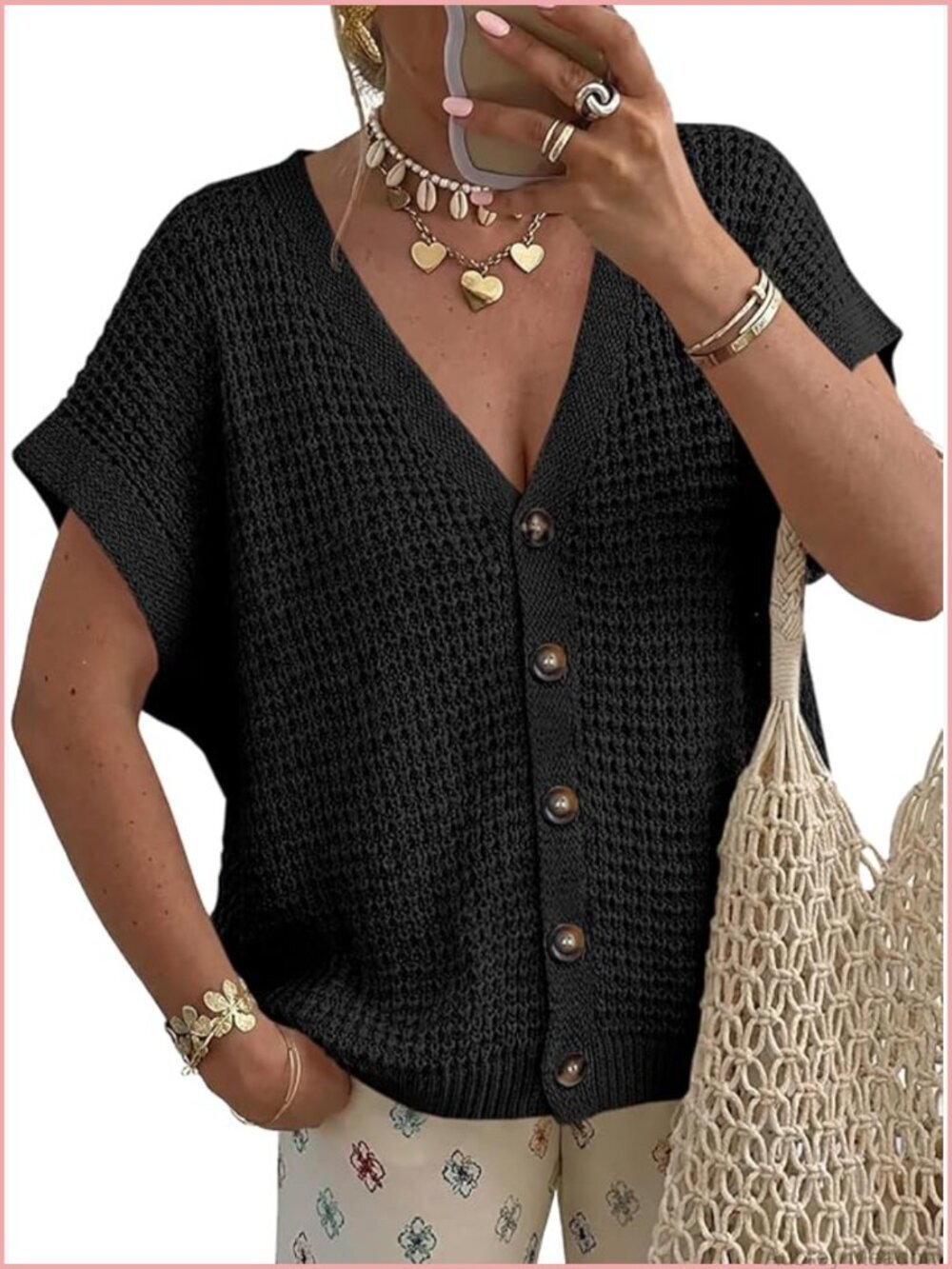 Short Sleeve Crochet Knit V-Neck Button Down Cardigan Summer Beach Cover Up
